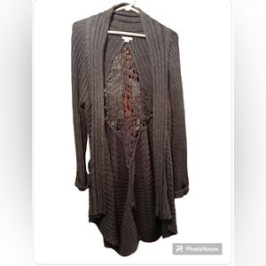Exhilaration Long Thick Grey Cardigan w/ design on back
